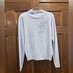 Dress Barn Light Blue Mock Neck Sweater with Floral Beaded Design, Size Large